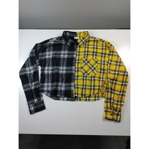 Rue 21 Flannel Split Plaid Long Sleeve Button Up Cropped Top Women's Size M